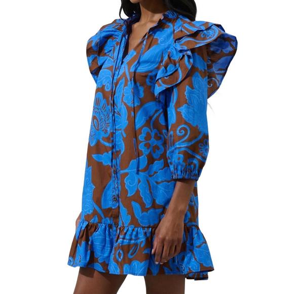 NEW SUGARLIPS floral ruffle drop waist mini dress in brown-blues - Picture 2 of 4